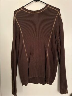 Axcess Brown Ribbed Crewneck Sweater with Contrast Stitching